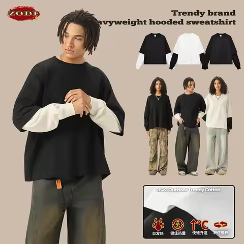 ZODF Fashion Fake 2 Pieces Long Sleeve T Shirt For Man Unisex Loose Fit 280gsm 100% Cotton O Neck T-