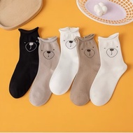 1 PAIR Cute Bear Face Embroidery Cotton Ankle Mid Crew Socks Women Stocking Stokin Muslimah 袜子