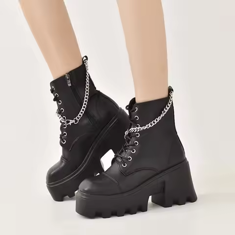 new Women Fashion Platform Boots Autumn Winter Designer Gothic Zipper Ankle Boots High Heels Motorcy