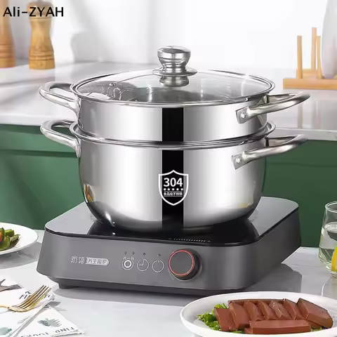 【A1】Stainless Casserole Cookware Double Handle Soup Pot With Glass Cover For Induction Cooker Cookin
