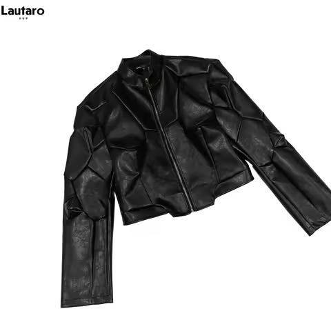 Lautaro Spring Autumn Short Deconstruction Pu Leather Jacket Men Luxury Punk Style Zip Up Emo Menswe