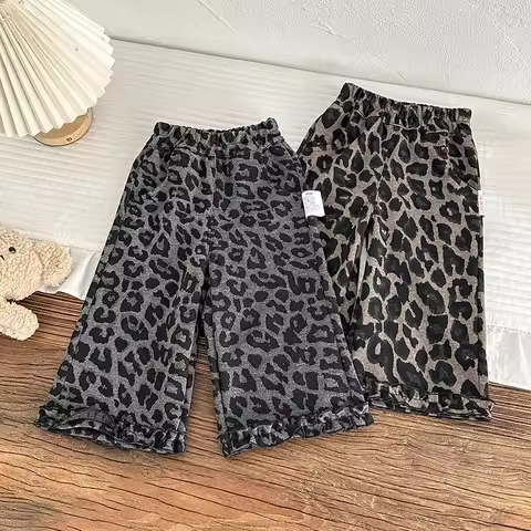 Autumn Teen Girls Loose Leopard Pants Girls Fashion Wide Leg Pants Comfortable Korean Kids Clothes F