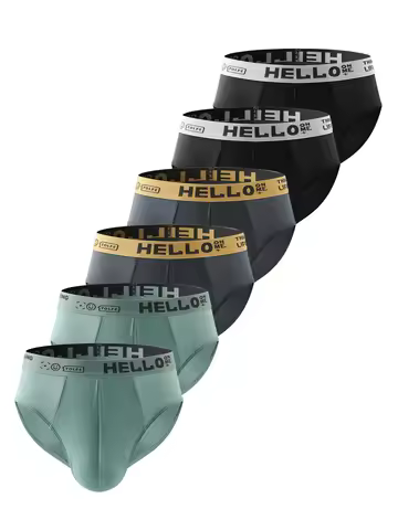 Men's 6-Pack Polyester Briefs - "HELLO" Printed Waistband, Multiple Colors for All - Day Comfort