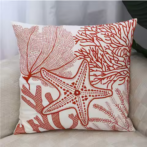 Beach Sea Starfish Coral Leaves Embroidered Pillowcase Back Cushion Cover Casual Cotton Case Sofa Be