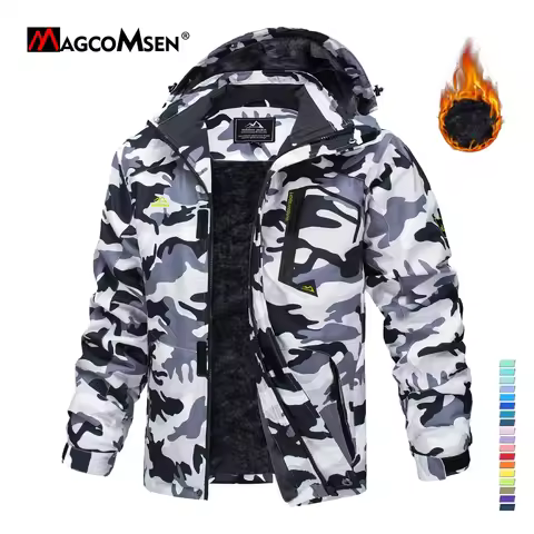 MAGCOMSEN Fleece Ski Jacket Men's Hooded Waterproof Thermal Thick Warm Camo Parka Removable Hooded C