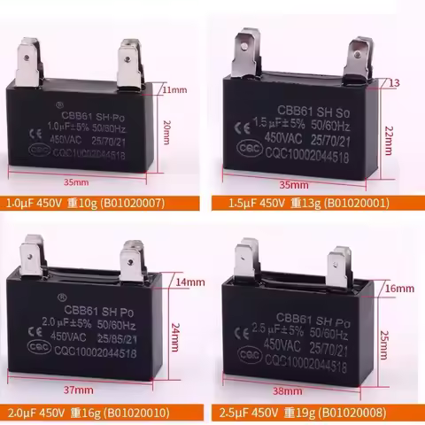 2Pcs CBB61 Air Conditioner External Fan Start Capacitor Motor Run Capacitor 450V 1UF 1.2UF 1.5UF 2UF