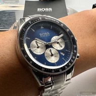 BOSS手錶,編號HB1513630,44mm銀圓形精鋼錶殼,寶藍色三眼, 中三針顯示, 運動錶面,銀色精鋼錶帶款