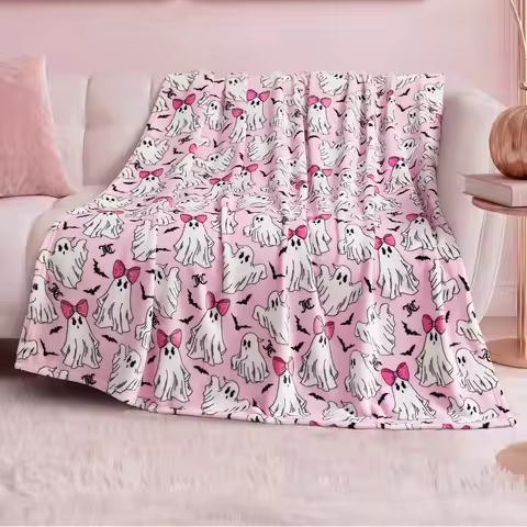 Juicy Couture Girly Ghosts Halloween Plush Throw Blanket, Light Pink, 50"x60"