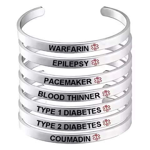 Enamel Red Medical Alert Cuff Bracelet Stainless Steel EPILEPSY DIABETES Adjustable Bangle For Women