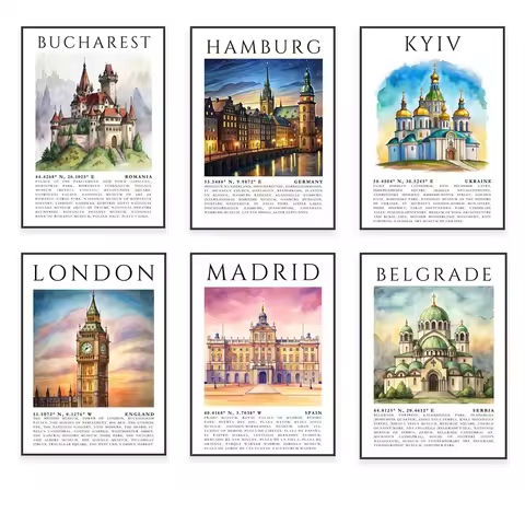 Travel posters of Kiev, Ukraine, Madrid, Germany, Romania, Prague, Serbia, Ireland, St. Petersburg,