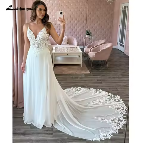 Lakshmigown Spaghetti Straps Chiffon Lace V Neck Wedding Dress for Bride Bohem Reception Bridal Gown