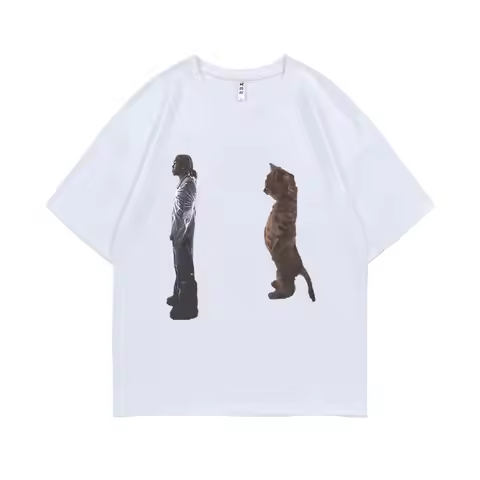 Funny Destroy Lonely Standing Cat Graphic T Shirt Men Women Oversized Pure Cotton T-shirts Opium Pla