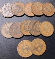 日本 明治二錢 銅幣 12枚 (8年、10年、13年、15年)