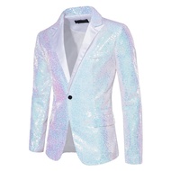 【Within 24 hours✈】Shiny White Sequin Glitter Blazer for Men One Button Peak Collar Tuxedo Jacket Mens Wedding Groom Party Prom Stage Costume Homme