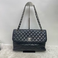 香奈兒/Chanel 黑銀菱格紋牛皮大號機場包