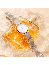 Dk Swiss品牌女士手錶,1入自然鮑魚貝錶盤,銀色不鏽鋼網狀錶帶,時尚、輕奢、復古、防水、石英,適合日常佩戴,經典百搭