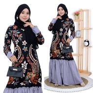 gamis batik wanita , gamis batik kombinasi polos, dress batik