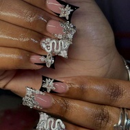 Y2K 24pcs Long Ducknail Black French Tip Press On Nails 3D Alloy Cross, Snake-Shaped Decoration With