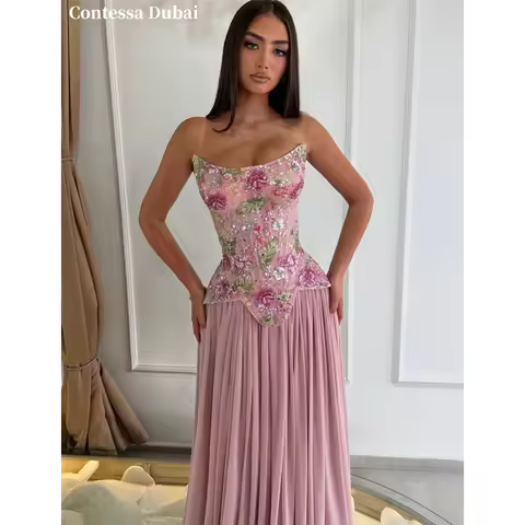 Contessa Custom Pink Strapless Evening Dress Floral Beaded Corset Prom Dresses Chiffon Vestidos De N
