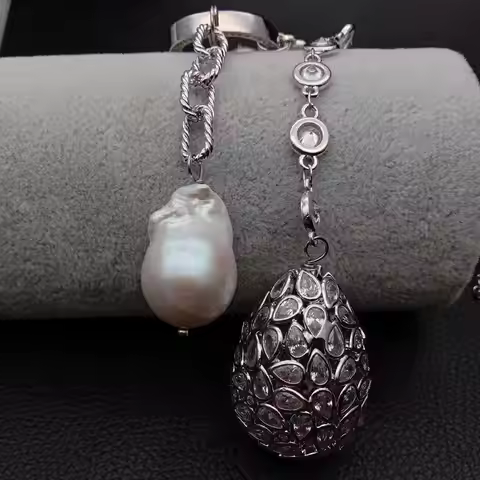 22'' Cultured White Rice Pearl CZ chain Necklace Keshi Pearl cubic zirconia micro pave Teardrop Pend