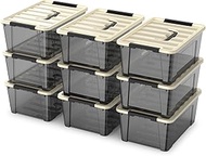 9-pack clear small plastic storage bins with khaki safety lids and black latch locks, durable stacka