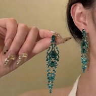 Retro Exaggerated Green Diamond Flower Earrings Exaggerated Long Earrings Light Luxury Classy Earrin