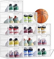 SONGMICS Shoe Boxes, Plastic Shoe Storage with Door, Transparent Plastic Boxes, Set of 12, Stackable