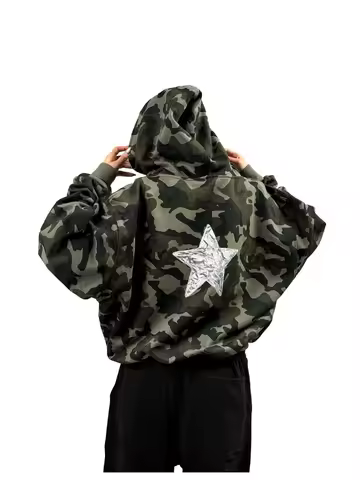 Harajuku Autumn Street Style Visual Camouflage Star Pattern Zipper Hoodie Trendy Rock Simple Sweatsh