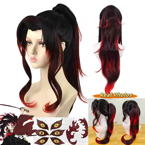 Tsugikuni Yoriichi Black Red Cosplay Wig Long Straight Black Ombre Red Layered Ponytail Clip Wig Ani