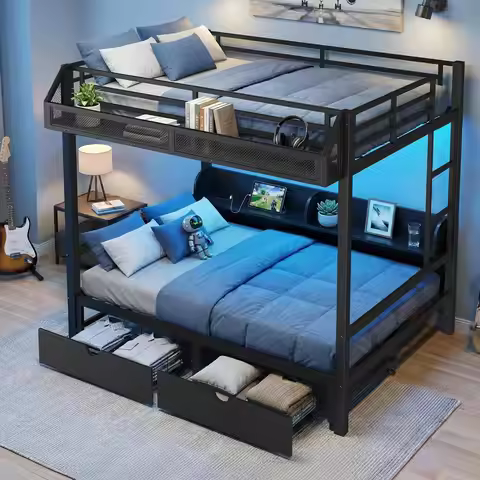 Queen Over Queen Bunk Bed Storage Drawers Guardrail Basket Charging Station LED Loft Teen Dorm Quiet