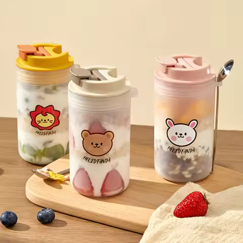 WORTHBUY Portable Breakfast Oat Cup With 316 Stainless Steel Spoon Plastic Milk Yogurt Oatmeal Jar L
