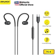 Awei TC-6 Wired Earphone Ear-Hook Headphone Stereo Sound 1.2M Length Type-C Earphone Awei Earphone A