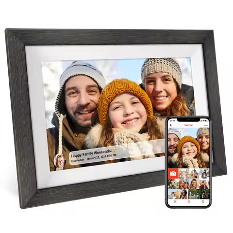 Frameo 10.1 inch Digital Picture Frame Smart Digital Photo Frame Wood IPS HD1080P Touch Screen Auto-