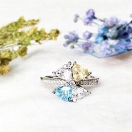 |純銀珠寶|藍托帕石 黃水晶 鋯石 925純銀鑲嵌寶石愛心幸運草戒指