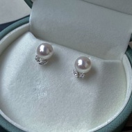 露水光Akoya天女光珍珠天然天然鑽石海水珍珠耳環18K金珍珠耳釘