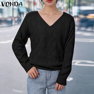 VONDA เสื้อคอวีแขนยาวผู้หญิงเสื้อหลวมลำลองแฟชั่นเสื้อไหมพรมกันหนาวเดินทาง