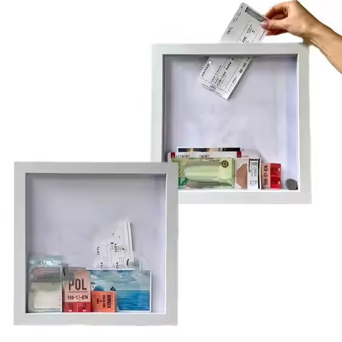 Simple Wooden Adventure Archive Box Square Transparent Ticket Shadow Box with Slot Travel Shadow Box