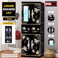 LEMARI PAKAIAN JUMBO 2 PINTU LACI GANTUNGAN KACA STUDIO DRAWER
