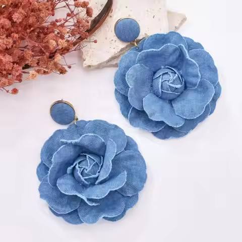 New Handmade Blue Rose Earrings Denims Exaggerate Flower Earrings Ornament Denim Floral Earrings