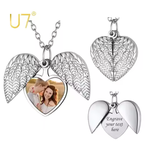 U7 Personalized Heart Locket Necklace Angel Wings Pendant with Photo Printing Dainty Color Picture M