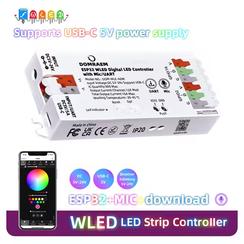 DOMRAEM ESP32 USB-C WLED Addressabl LED Strip Controller with Music Mic & UART (~0.5W standby).RGB I