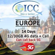 [ICC] Europe &amp; UK 14 Days 12GB|30GB 5G/4G SIM Card + Unlimited Call | Can call back Singapore (EU-C)