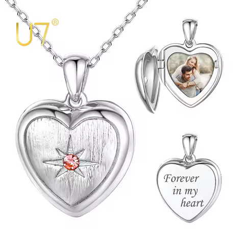 U7 Custom 925 Silver Heart Photo Locket Necklace with Birthstones Laser Engrave Memorial Family Pict