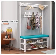 全城熱賣 - 落地衣架鞋櫃鞋凳一體組合【100CM衣帽架+鞋凳【白架-藍色】（尺寸：100*33*172CM）#