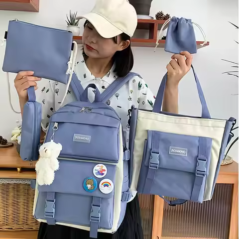 Backpack with Kawaii Pin and Accessories, 5Pcs Kawaii Backpack Combo Kit, Canvas Backpacks, Cute Kaw