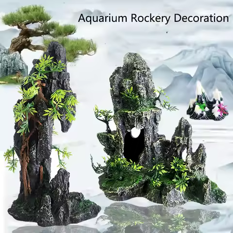 Resin Aquarium Rockery Mountain Decoration Artificial View Rock Cave Stone Tree Fish Tank Ornament P