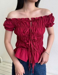 4 màu mặc 2 kiểu cột nơ trước/sau chất gió mịn ít nhăn áo bo chun co giãn tay ngắn bồng đuôi xoè cam