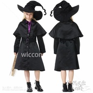 Halloween Carnival Party Adult Kids Black Magician Wizard And Witch Cosplay Costume With Hat Masquer