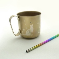 【日本製 Horie】純鈦組合-純鈦馬克杯-黃金貓+純鈦吸管-璀璨虹