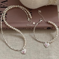 Heart Pendant Pink Jewelry Pearl Set Broken Silver High-end Women's Bracelet Spliced Zircon S925Ster